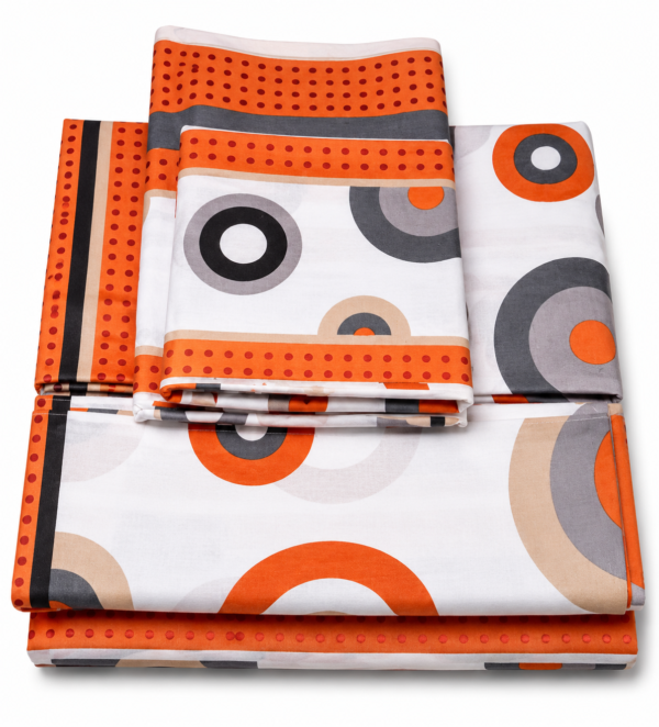 Eye-catching orange circle design made from 100% pure cotton. 7ft × 7ft Super King, each pair comes with 4 matching pillowcases.