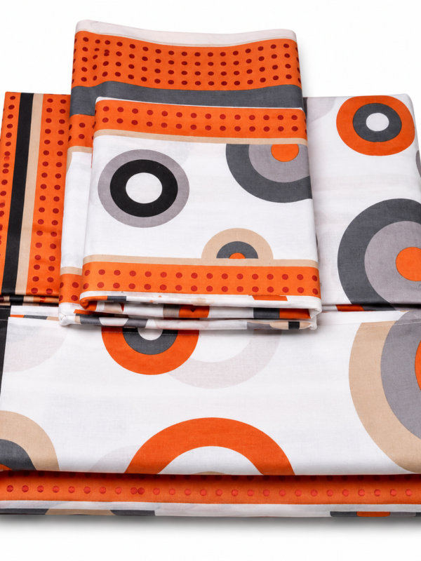 Eye-catching orange circle design made from 100% pure cotton. 7ft × 7ft Super King, each pair comes with 4 matching pillowcases.